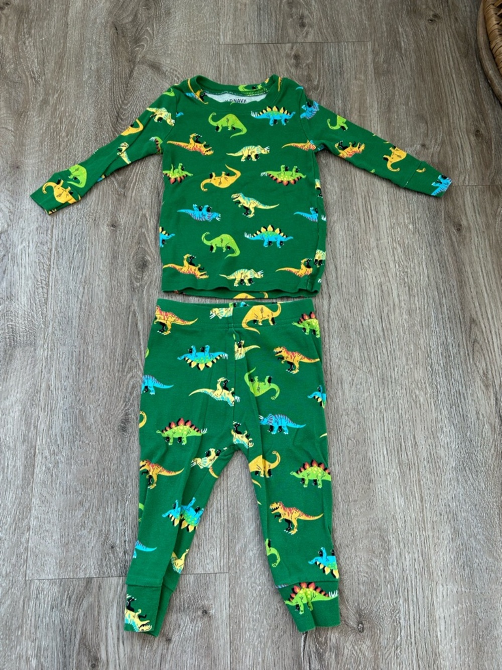 Old Navy Green Dinosaur Pajama Set with Yellow & Blue Accents